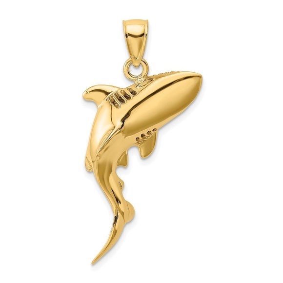 14k Yellow Gold Fine Jewelry Authentic 3-D Polished Shark Necklace Charm Pendant